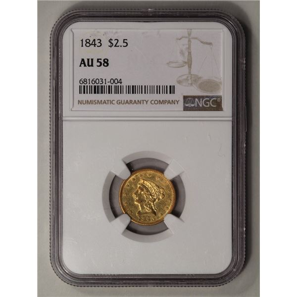 1843 $2.5 Liberty Head Quarter Eagle Gold Coin NGC AU58