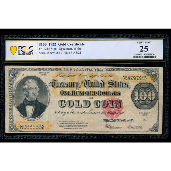 1922 $100 Gold Certificate PCGS 25