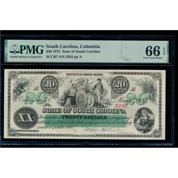 1872 $20 Columbia SC Obsolete PMG 66EPQ