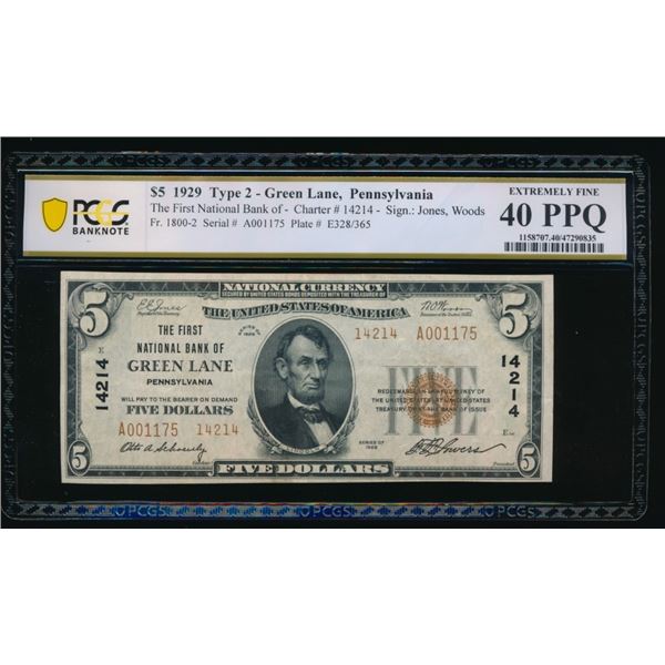 1929 $5 Green Lane PA National PCGS 40PPQ