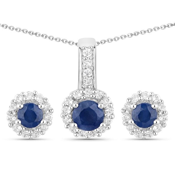 Plated Rhodium 2.17ctw Blue Sapphire and White Topaz Jewelry Set