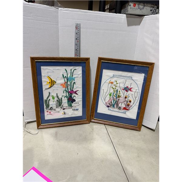 2 vintage aquarium stitch art framed 13" x 17"
