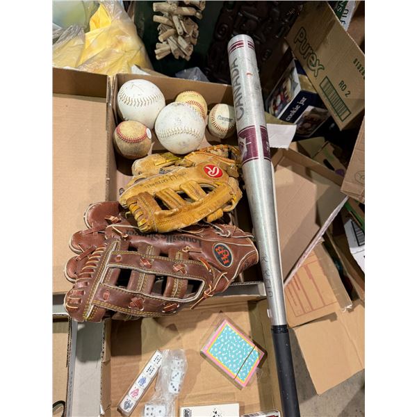 Baseball gloves, balls, and bat