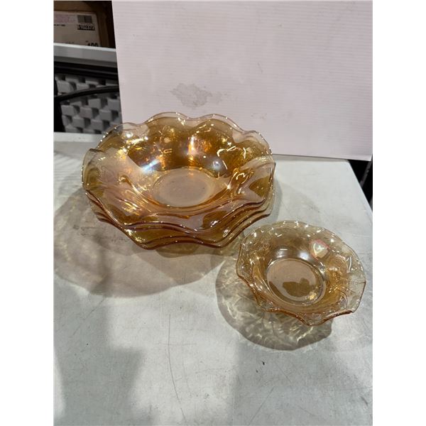 vintage carnival glass bowl set in the Iris and Herringbone