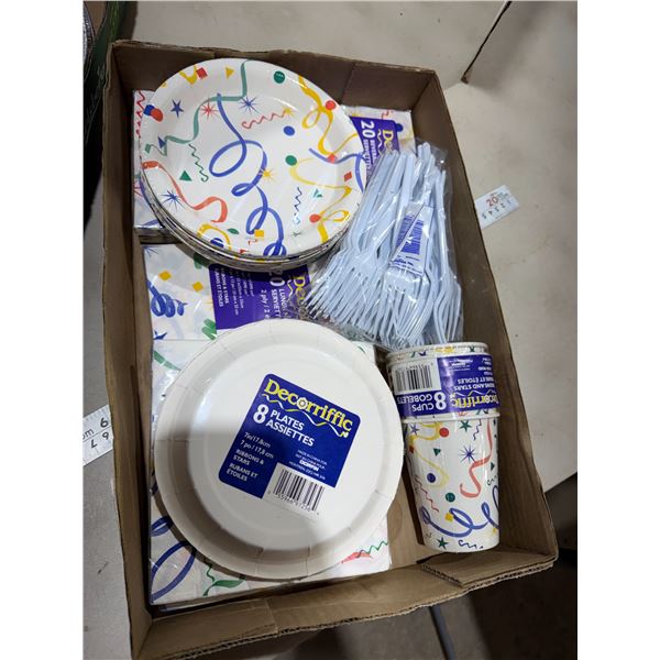 Party plates, napkins, forks, and cups