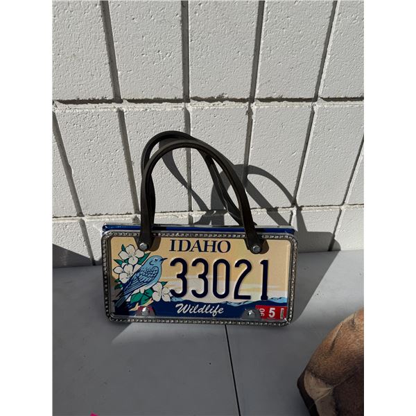 Custom handbag crafted trim in Idaho license plate, wildlife collection framed with faux