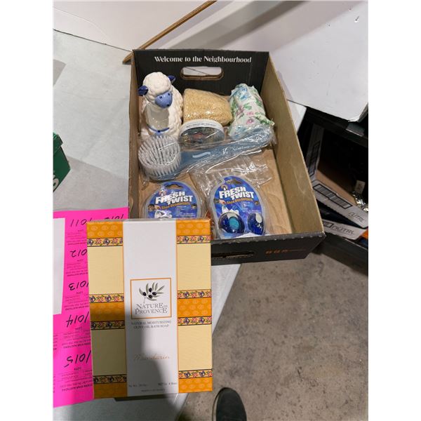 Soap, health and beauty items, shoe, deodorizer, etc.
