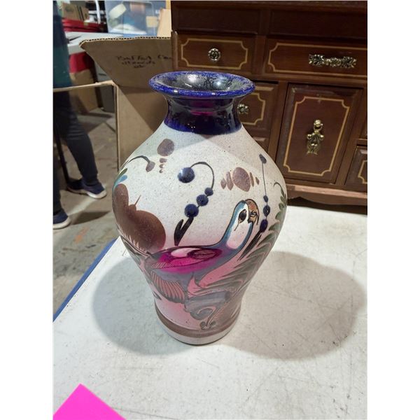vintage Mateos Mexico Tonala pottery vase featuring hand-painted bird and floral designs. Signed