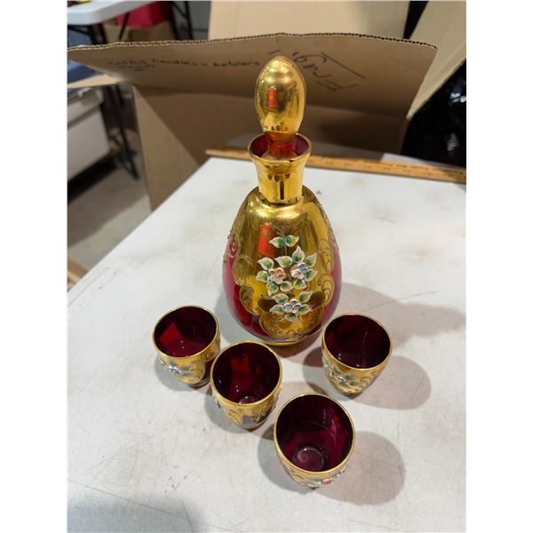 Decanter and glasses  decanter rim chipped