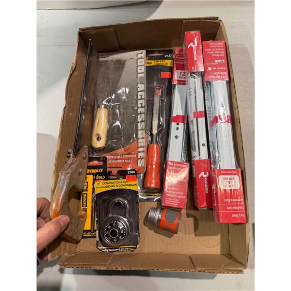 Extensions size combination, lock, DeWalt drill bit and chisel, etc.
