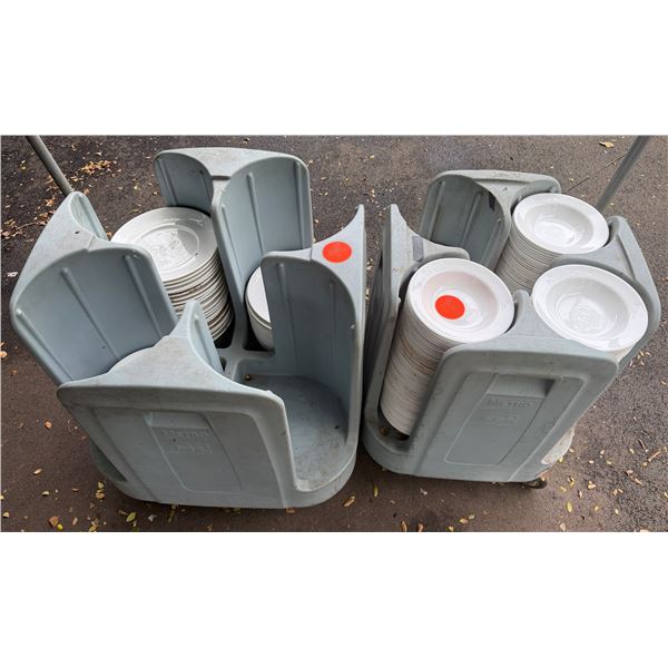 Qty 2 PCD12 & PCD9 Metro Rolling Dish Dollies w/ Multiple Fortessa 12" Plates & Royal Doulton Bowls