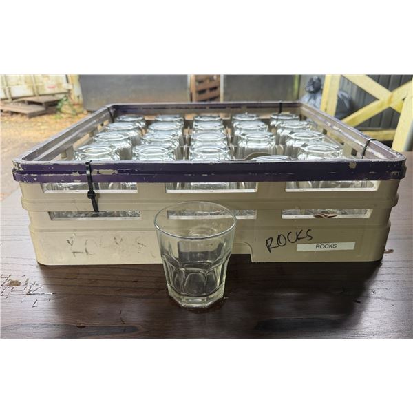 Qty Approx. 42 Rocks Glasses 4"H w/ Plastic Glass Rack