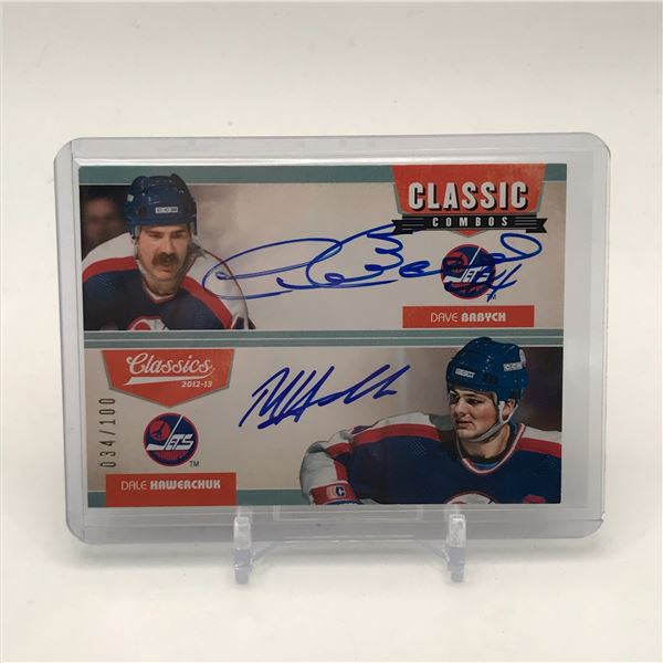 2012-13 PANINI CLASSIC SIGNATURES DAVE BABYCH AND DALE HAWERCHUK DUAL SIGNED PATCH CARD 034/100