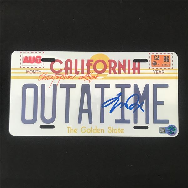 CHRISTOPHER LLOYD AND MICHAEL J FOX DUAL SIGNED DELOREAN LICENSE PLATE - WWOC COA