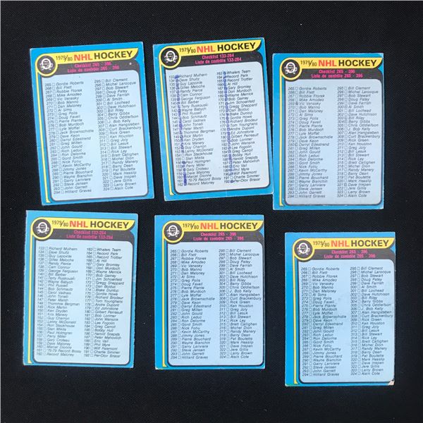 LOT OF 6 1979-1980 NHL HOCKEY CHECKLIST TRADING CARDS