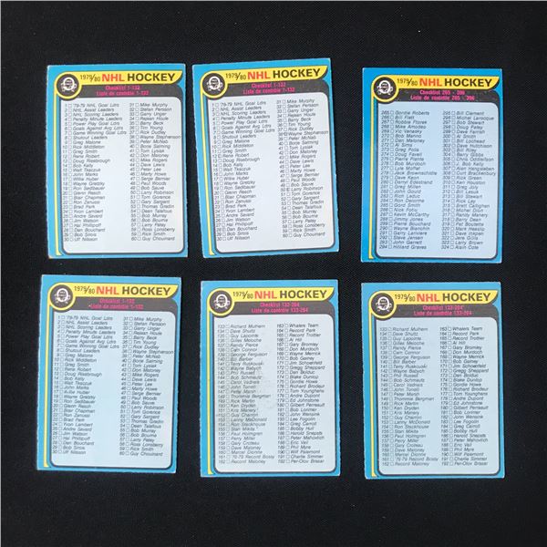 LOT OF 6 1979-1980 NHL HOCKEY CHECKLIST TRADING CARDS
