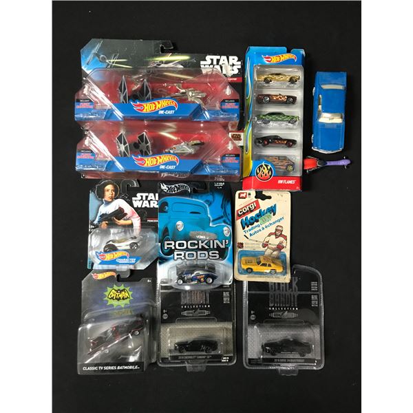 LOT OF MIXED HOT WHEELS VEHICLES IN ORIGINAL PACKAGING INCLUDING STAR WARS AND BATMAN