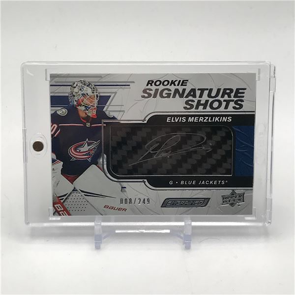 2019-20 UPPER DECK ENGRAINED HOCKEY ROOKIE SIGNATURE SHOTS ELVIS MERZLIKINS SIGNED PATCH CARD 08/249