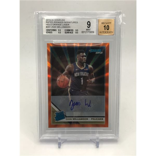 2019-20 DONRUSS RATED ROOKIES SIGNATURES ZION WILLIAMSON HOLO ORANGE SIGNED CARD - BECKETT 9/10