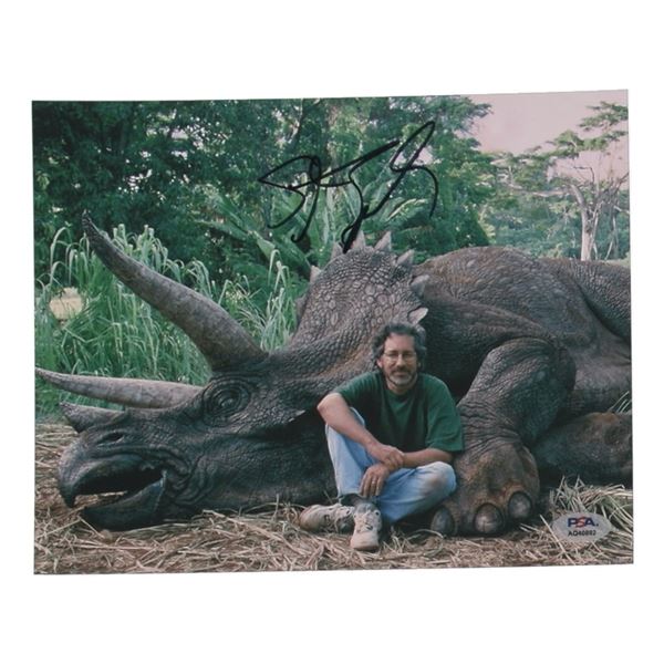 STEVEN SPIELBERG SIGNED 8 X 10  PICTURE WITH HIMSELF AND DINOSAUR - PSA COA