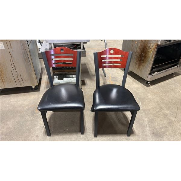 PAIR OF BLACK METAL FRAMED CHERRY WOOD BACK PADDED COMMERCIAL RESTAURANT SIDE CHAIRS