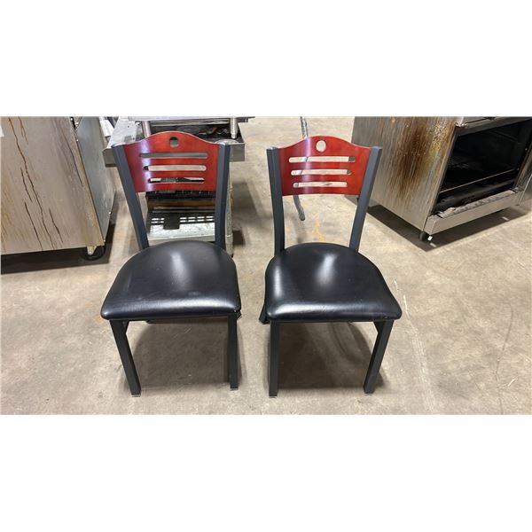 PAIR OF BLACK METAL FRAMED CHERRY WOOD BACK PADDED COMMERCIAL RESTAURANT SIDE CHAIRS