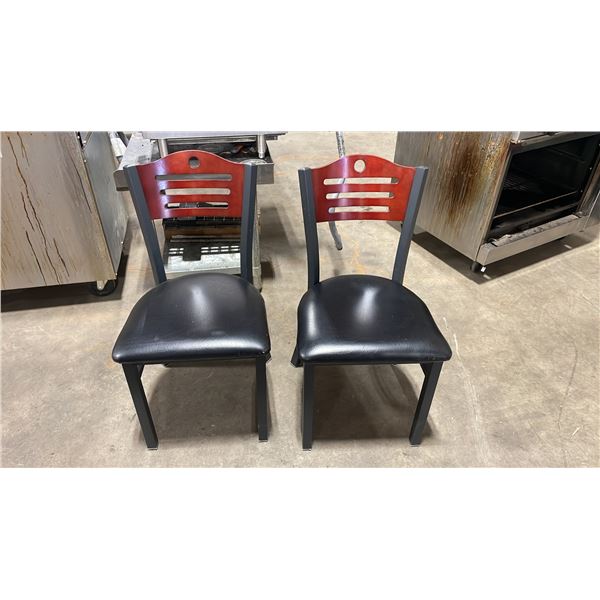 PAIR OF BLACK METAL FRAMED CHERRY WOOD BACK PADDED COMMERCIAL RESTAURANT SIDE CHAIRS