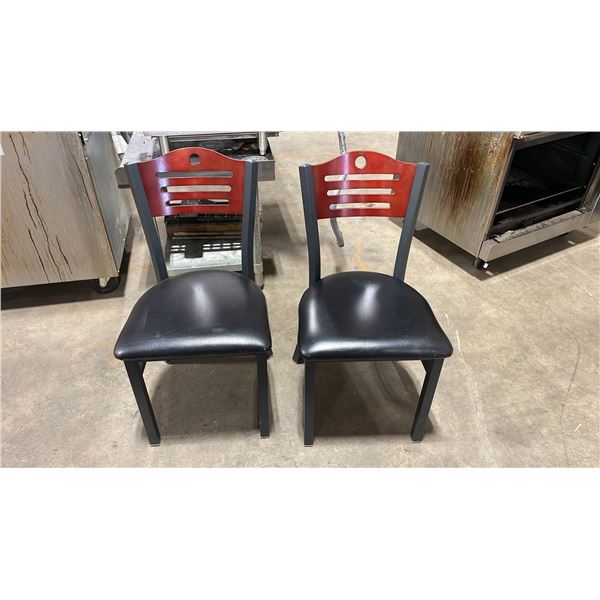 PAIR OF BLACK METAL FRAMED CHERRY WOOD BACK PADDED COMMERCIAL RESTAURANT SIDE CHAIRS