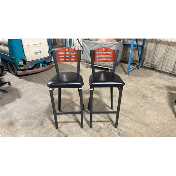 PAIR OF BLACK METAL FRAMED CHERRY WOOD BACK PADDED COMMERCIAL RESTAURANT BAR CHAIRS