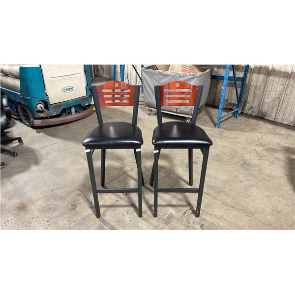 PAIR OF BLACK METAL FRAMED CHERRY WOOD BACK PADDED COMMERCIAL RESTAURANT BAR CHAIRS