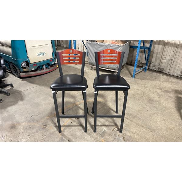 PAIR OF BLACK METAL FRAMED CHERRY WOOD BACK PADDED COMMERCIAL RESTAURANT BAR CHAIRS
