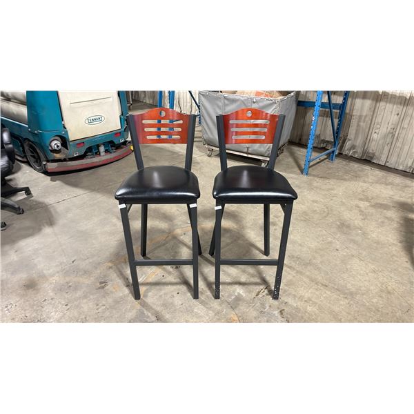 PAIR OF BLACK METAL FRAMED CHERRY WOOD BACK PADDED COMMERCIAL RESTAURANT BAR CHAIRS