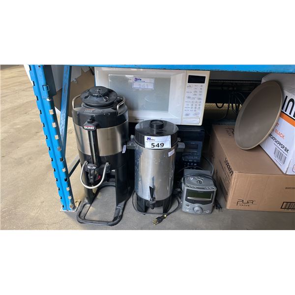 BUNN COFFEE DISPENSER, ELECTRIC HEATED COFFEE DISPENSER, SAMSUNG MICROWAVE, BLACK MICROWAVE, & RCA