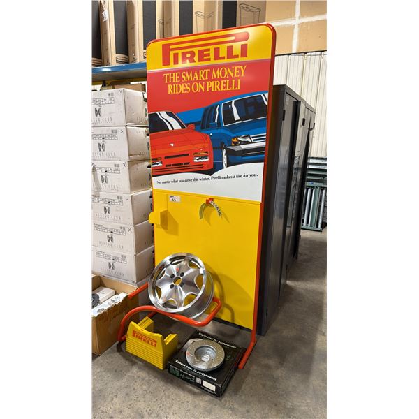 PIRELLI "THE SMART MONEY RIDES ON PIRELLI" VINTAGE PROFESSIONAL RIM DISPLAY STAND WITH RIM,