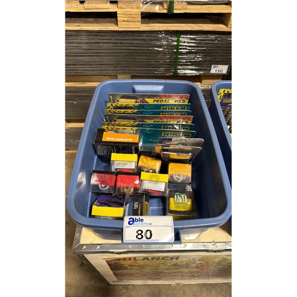 BIN OF ASSORTED NIKEN VINTAGE PROFESSIONAL VEHICLE PEDAL SETS, SHIFTER KNOBS, & FRAGRANCE DISPENSE