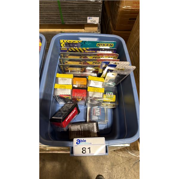 BIN OF ASSORTED NIKEN VINTAGE PROFESSIONAL VEHICLE PEDAL SETS, SHIFTER KNOBS, & FRAGRANCE DISPENSE