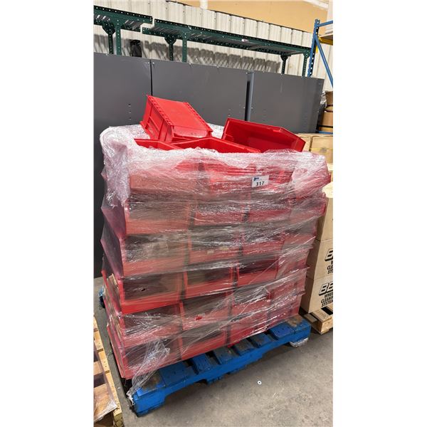 PALLET OF APPROXIMATELY 50 AKRO-MILS AKROBINS RED PLASTIC INDUSTRIAL PARTS BINS *MUST TAKE ALL*