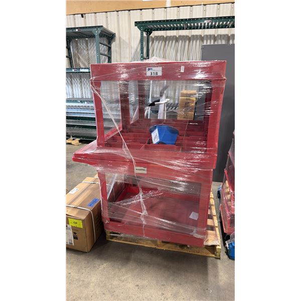 PALLET OF 4 RED PLASTIC 2 TIER INDUSTRIAL PRODUCT CARTS *NO WHEELS, MUST TAKE ALL*