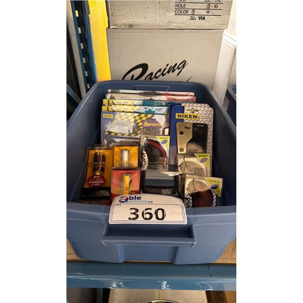 BIN OF ASSORTED NIKEN VINTAGE PROFESSIONAL VEHICLE PEDAL SETS, SHIFTER KNOBS, & FRAGRANCE DISPENSE