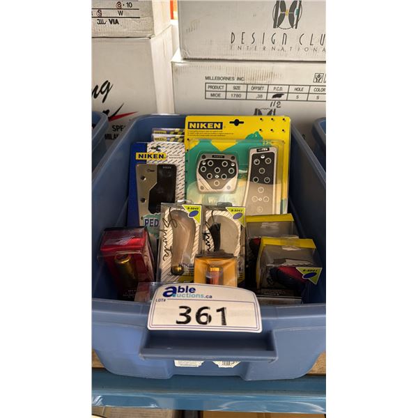BIN OF ASSORTED NIKEN VINTAGE PROFESSIONAL VEHICLE PEDAL SETS, SHIFTER KNOBS, & FRAGRANCE DISPENSE