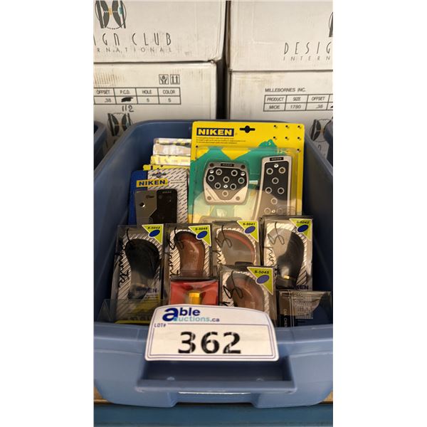 BIN OF ASSORTED NIKEN VINTAGE PROFESSIONAL VEHICLE PEDAL SETS, SHIFTER KNOBS, & FRAGRANCE DISPENSE