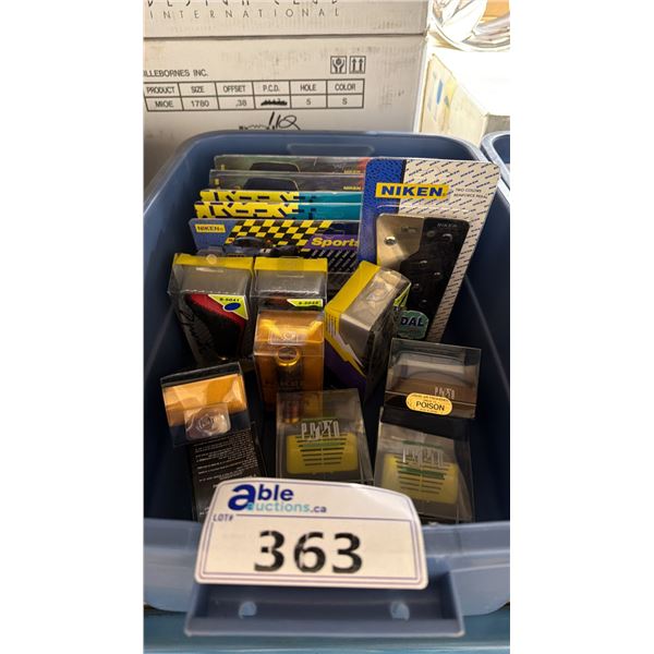 BIN OF ASSORTED NIKEN VINTAGE PROFESSIONAL VEHICLE PEDAL SETS, SHIFTER KNOBS, & FRAGRANCE DISPENSE