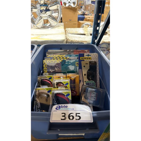 BIN OF ASSORTED NIKEN VINTAGE PROFESSIONAL VEHICLE PEDAL SETS, SHIFTER KNOBS, & FRAGRANCE DISPENSE