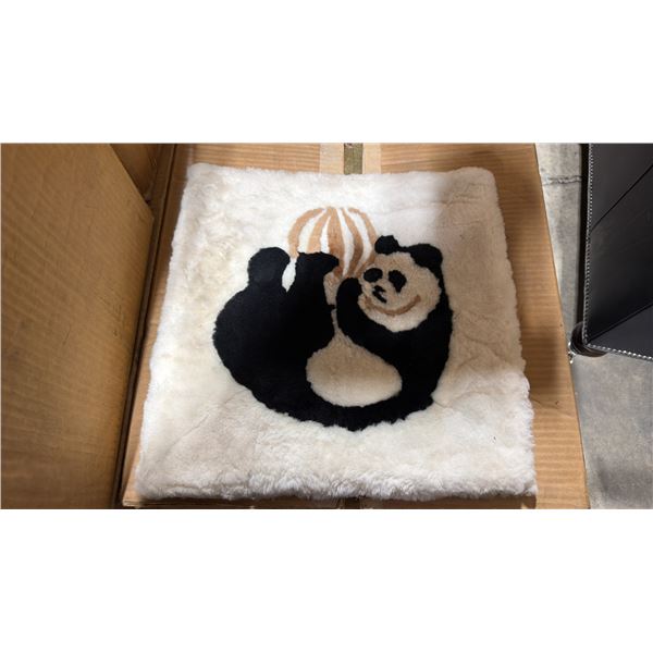 LARGE BOX OF BROWN PANDA WITH BALL PRINT FUZZY PROFESSIONAL CAR SEAT BASE CUSHIONS
