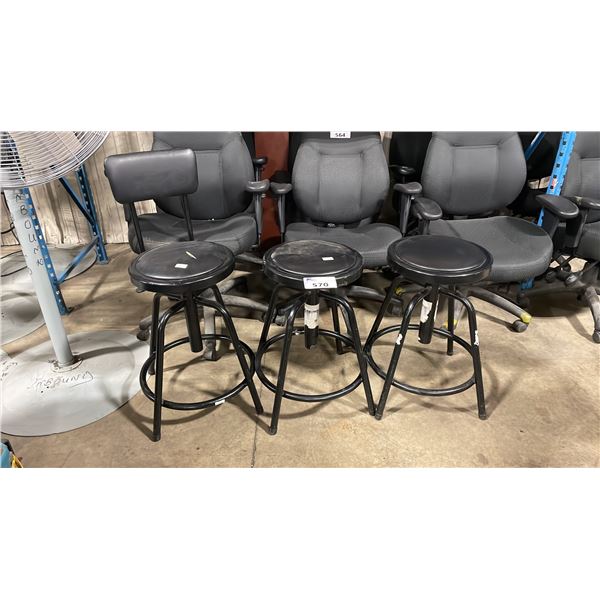 3 ULINE BLACK METAL FRAMED PADDED SWIVEL WAREHOUSE STOOLS