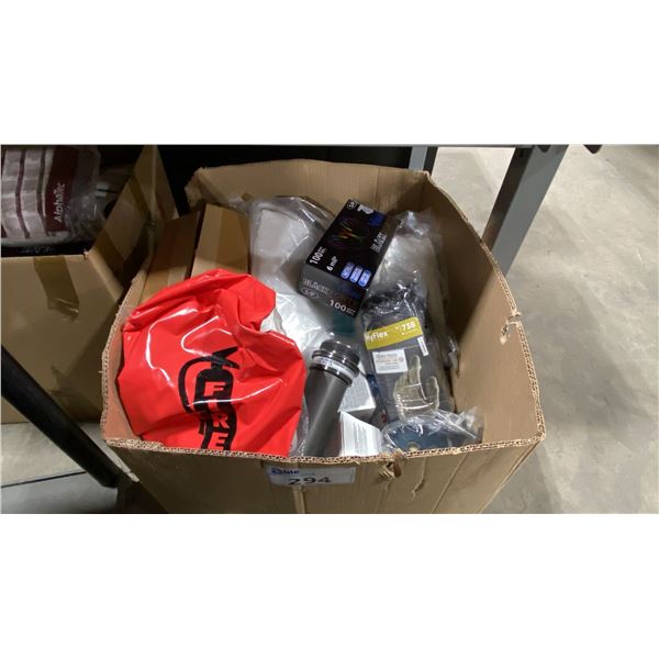 LARGE BOX OF ASSORTED SAFETY EQUIPMENT INCLUDING- GLOVES, MASKS, XL HOODED COVERALLS, SAFETY GLASSES