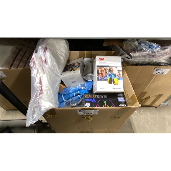 LARGE BOX OF ASSORTED SAFETY EQUIPMENT INCLUDING- GLOVES, MASKS, XL HOODED COVERALLS, SAFETY GLASSES