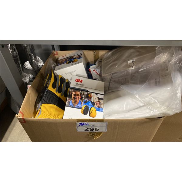 LARGE BOX OF ASSORTED SAFETY EQUIPMENT INCLUDING- GLOVES, MASKS, XL HOODED COVERALLS, SAFETY GLASSES
