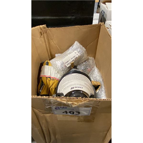 BOX OF ASSORTED SAFETY EQUIPMENT- RESPIRATORS, GLOVES & ASSORTED HARDWARE