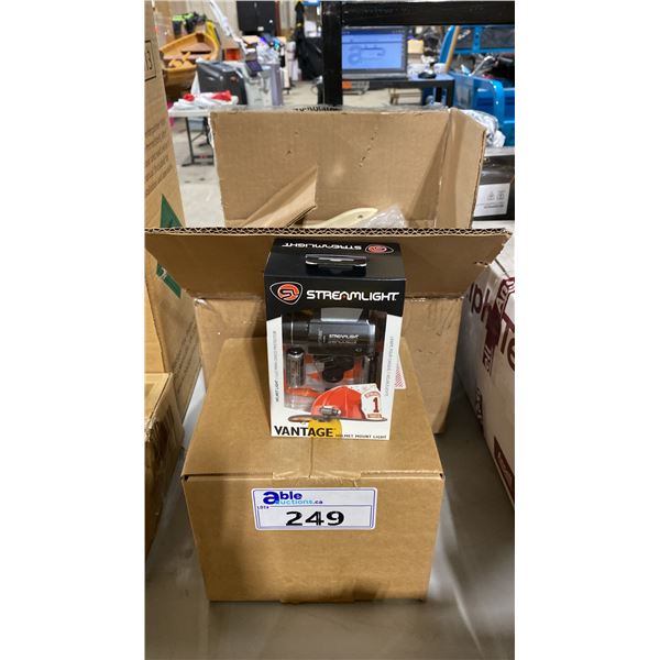 BOX OF STREAMLIGHT HELMET MOUNTED LIGHTS, BAG OF YELLOW CROWD CONTROL CHAIN, BOX OF PAINT BRUSHES,